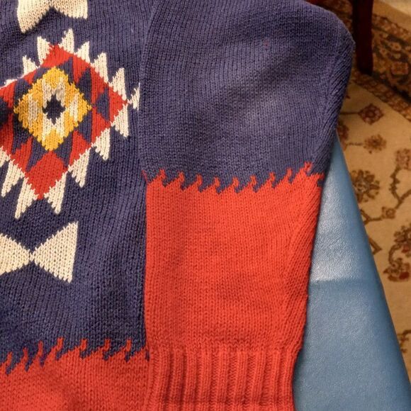 Vintage Oscar de la Renta Sport Blue/Red Southwestern Sweater Cottagecore Chic - Picture 5 of 13